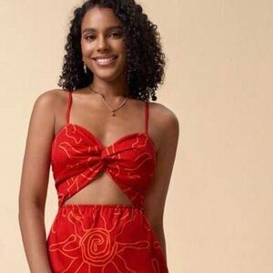 Red Midi Dress with Sun Pattern